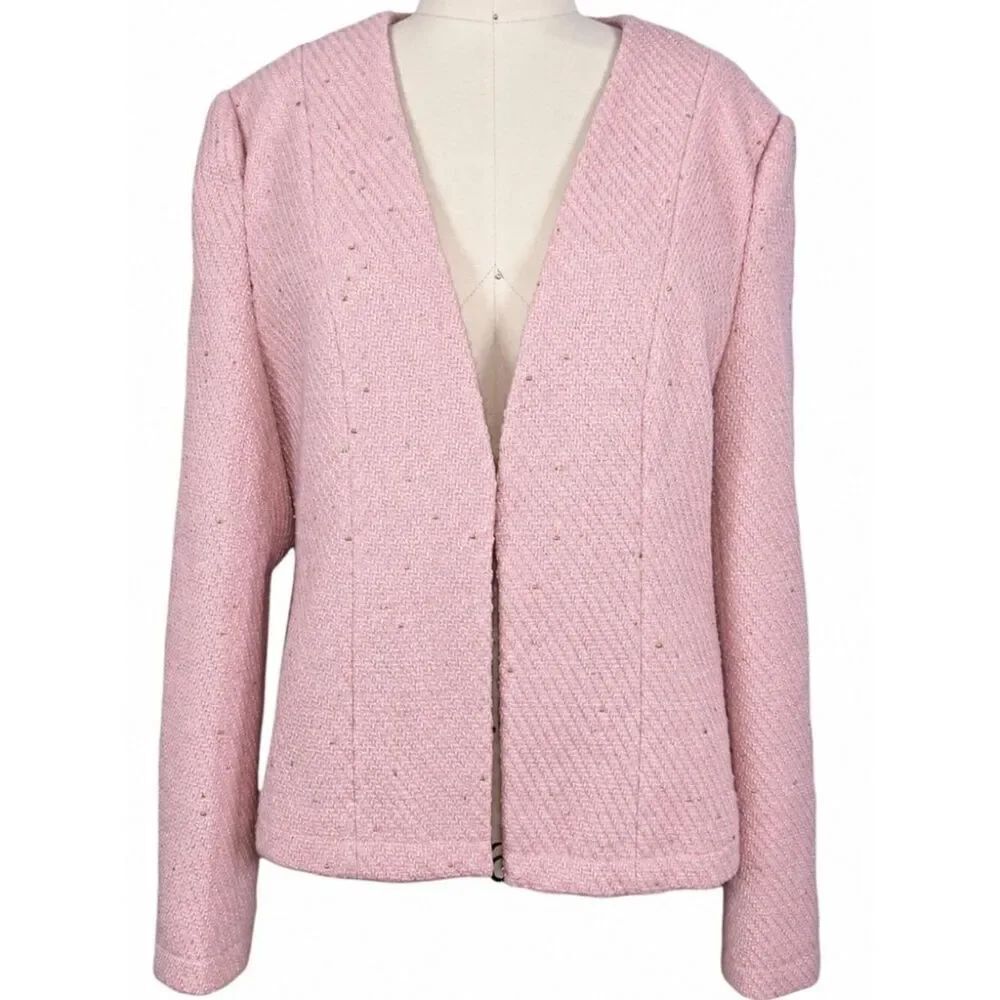 Pink Tweed Blazer XL Metallic Gold Thread Open Front Jacket